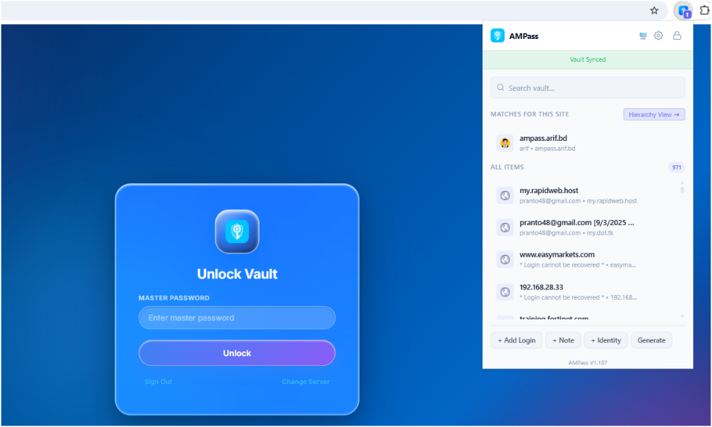 AMPass Browser Extension and Master Unlock Screen